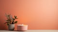 A pink candle and a small plant on an peach fuzz orange wall, AI