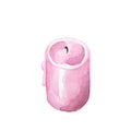 Pink candle watercolor illustration on white background. Rose pink candle drawing.