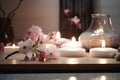 Pink candles with pink flowers and zen stones on bathroom. Beauty spa treatment and relax concept. Ai generative