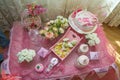 Pink Candy Bar with Sweets. Birthday party for little girl . Dessert table for a party. Azerbaycan Baku 25.08.2017