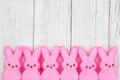 Pink candy bunnies on weathered whitewash textured wood background