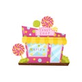 Pink candy shop decorated with big lollipops. Cartoon city building. Store with signboard, big glass door and window