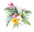 Pink canna flower, white orchid, calla lily, anthurium, yellow hibiscus, tropical leaves design vector bouquet Royalty Free Stock Photo