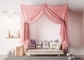 Pink canopy in kids playroom, stuffed animals, wooden toys and ceiling lamp on bright Scandinavian interior.