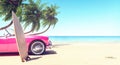 Pink car on the beach in front of palm trees, summer background