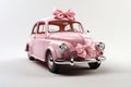 Pink car with big bow isolated on white background. Generative AI Royalty Free Stock Photo