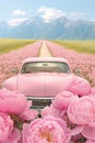 pink car with pink peonies flowers on the street, mountains background Royalty Free Stock Photo
