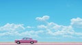 Pink Car On Road: Realistic Blue Skies, Minimalistic Objects, Retro Visuals