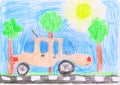 Pink car on the road, trees, childs painting