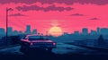 Pink Car In A Tonalist Cityscape: A Retrowave Tribute To Gritty Urban Scenes