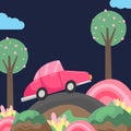 pink car travel on the hill scene panorama at night fun children whimsical illustration