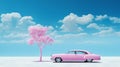 Sophisticated Surrealism: Pink Car In Blue Sky Wallpaper