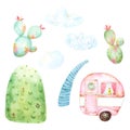 Pink caravan on hill watercolor scene creator. This festive camping themed graphic set includes tiny pink caravan, two cacti, thre