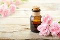 Pink carnation flowers and essential oil on the wooden board Royalty Free Stock Photo