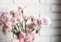 Pink carnations on white windowsill