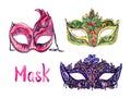 Pink carnival mask with dark blue ornament, green with golden decoration and red gemstones, black lace with rhinestones Royalty Free Stock Photo