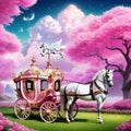 pink carriage with beautiful animal in an enchanted landscape