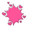 Pink cartoon boom speech bubble with hearts, line art drawing on white background