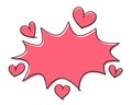 Pink cartoon boom speech bubble with hearts, line art drawing on white background