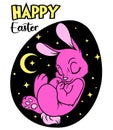 Easter bunny sleeping inside black egg with stars and moon, cute festive vector illustration. Royalty Free Stock Photo