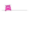 Pink cartoon cat peeks over line. Cute animal character hanging on edge, minimal style. Funny pet and simplicity concept