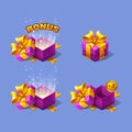 Pink cartoon colorful isometric gift boxes set with bonus.