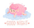 Pink lamb sleeps on a cloud. Vector illustration on a white background. Royalty Free Stock Photo