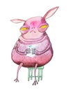 Pink cartoon monster with yellow eyes and long ears looking suspicious sitting on chair holding a cup