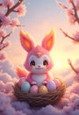 Pink cartoon rabbit with Easter eggs in outdoor sunrise scene Royalty Free Stock Photo