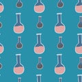 Pink cartoon seamless pattern with flask element. Turquoise background. Laboratory college print Royalty Free Stock Photo