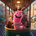 Pink cartoon worm with a tram ticket. Royalty Free Stock Photo