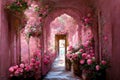 Pink castle hallway strewn red roses all around the door and window. Flowers everywhere. Victorian style. Ai digital art Royalty Free Stock Photo