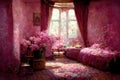 Pink castle living room strewn red roses all around the door and window. Flowers everywhere. Victorian style. Ai digital art