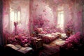 Pink castle living room strewn red roses all around the door and window. Flowers everywhere. Victorian style. Ai digital art