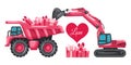 Pink caterpillar excavator cartoon loading boxes gifts to a pink mining truck for Valentine\'s Day