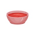 Pink ceramic bowl filled with red ketchup. Spicy sauce made from tomatoes. Good condiment to various dishes. Cooking