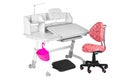 Pink chair, gray school desk, pink basket, desk lamp and black support under legs