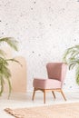 Pink chair, rug and plants set on a dotted wall in pastel living