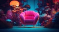A pink chair sits in front of a mushroom forest, AI