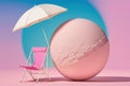 a pink chair and a white umbrella next to an egg