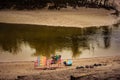 Pink Chairs, Colorful Towels & Beach Toys Royalty Free Stock Photo