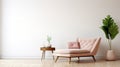 Pink Chaise Lounge Chair With Plant In Midcentury Modern Room