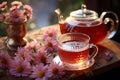 Pink chamomile tea cup banner. Generate Ai Royalty Free Stock Photo