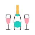 Pink champagne bottle, two glasses flat line icon. Royalty Free Stock Photo
