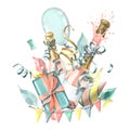 Pink champagne bottles with flying cork, gift box, holiday cone, balloon, confetti and flags. Watercolor illustration Royalty Free Stock Photo