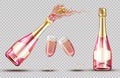 Pink champagne explosion bottle and wineglass set Royalty Free Stock Photo