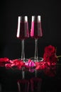 Pink champagne glasses and two pink hearts Royalty Free Stock Photo