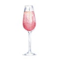 Pink champagne wine glass. Watercolor.