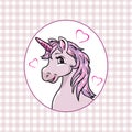 Pink checkered background with a happy unicorn in frame