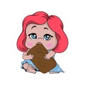 A pink-cheeked little girl with red hair and a turquoise dress sits and eats a huge cookie hugging him with both hands.